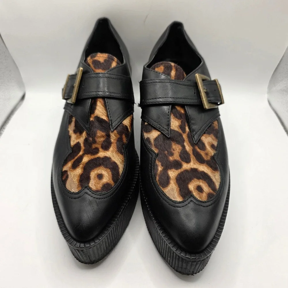 Gianni Bini Leopard Calf Hair Platform Creepers Black Leather Buckle Shoes 9M
